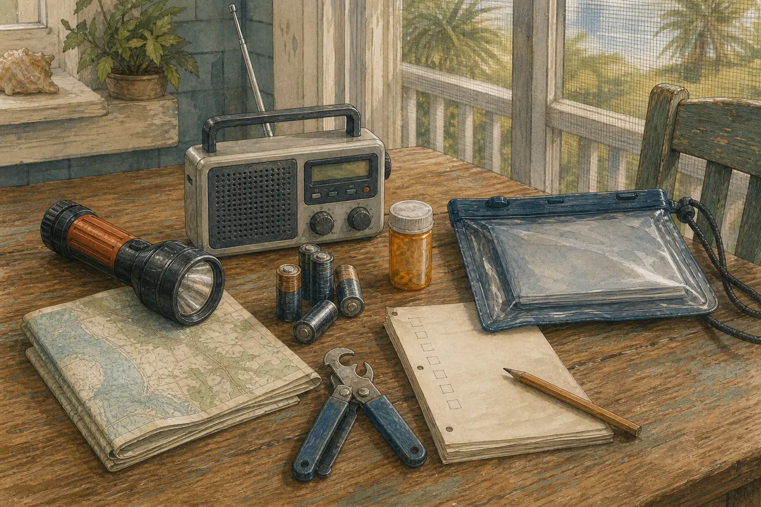 A radio, flashlight, batteries, medicine, waterproof pouch, notes, and basic tools arranged on a worn coastal table.